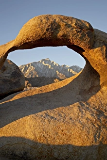 Morning Light On Rock Formations Prints: Mobius Arch and Eastern Sierras at first light, Alabama Hills, Inyo National Forest