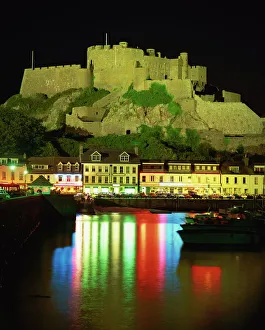 Prints of Mont Orgueil and harbour by night, Gorey, Jersey, Channel Islands, United Kingdom, Europe Related Prints: Mont Orgueil Print: Gorey Harbour at Night