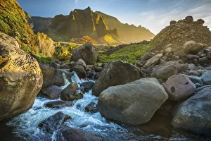 Mountain Stream Photography Prints: Mountain stream flows from the NaPali Cliffs in the background, Hawaii