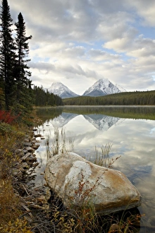 Mountain Peaks Reflected In Water Prints: Mountains reflected in Leech Lake, Jasper National Park, UNESCO World Heritage Site