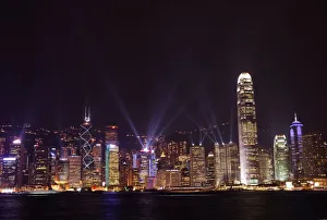 Nightly sound and light show over Hong Kong Island skyline, Hong Kong, China, Asia Nightly sound and light show over Hong Kong Island skyline, Hong Kong, China, Asia