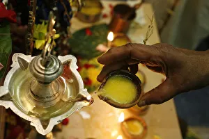 Oil lamp in a Sri Lankan temple, Paris, France, Europe Oil lamp in a Sri Lankan temple, Paris, France, Europe