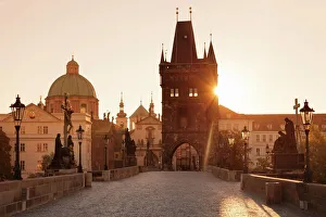 Prints of Old Town Bridge Tower and Charles Bridge at sunrise, UNESCO World Heritage Site, Prague, Bohemia, Czech Republic, Europe Czech Republic Prints: Prague Sunrise Print: Charles Bridge and Old Town Tower