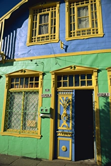 Colorful Building Facades Prints: Detail of painted building facade, Castro, Chiloe Island, Chile, South America