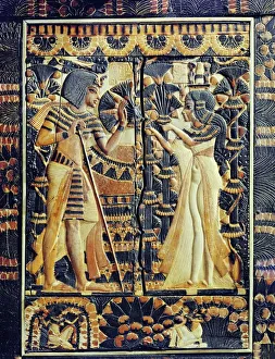 Painted ivory plaque from the lid of a coffer showing Tutankhamun Painted ivory plaque from the lid of a coffer showing Tutankhamun