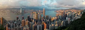 Images Dated 12th July 2009: Panoramic view with the illuminated skyline of Central below The Peak, seen from Victoria Peak