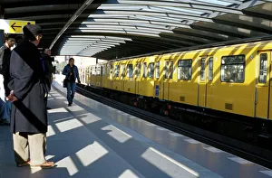 Prints of Passengers on the platform and a yellow train, Mendelsshon U-Bahn station, Berlin, Germany, Europe Related Prints: Print of Passengers on a Yellow Train at Mendelssohn U-Bahn Station