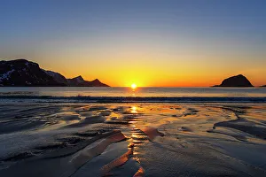 Lofoten Islands Beach Prints: Patterns created by the small river on a sandy beach at sunset