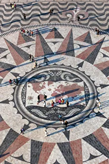 Pavement map showing routes of Portugese explorers below Monument to the Discoveries, Belem, Lisbon, Portugal, Europe Pavement map showing routes of Portugese explorers below Monument to the Discoveries, Belem, Lisbon, Portugal, Europe