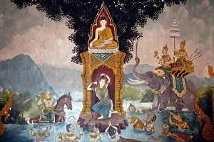 Phra Mae Thorani twists her long hair and torrents of water create a flood Phra Mae Thorani twists her long hair and torrents of water create a flood