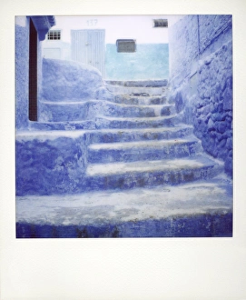 North Africa Street Scene Prints: Polaroid of traditional bluewashed steps