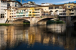 Tuscany Travel Destination Prints: Ponte Vecchio reflected in the Arno River, Florence, UNESCO World Heritage Site, Tuscany