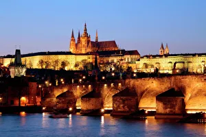Prague Castle on the skyline and the Charles Bridge over the River Vltava Prague Castle on the skyline and the Charles Bridge over the River Vltava