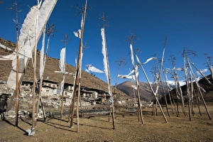 Prayer flags at the small village of Chebisa in northern Bhutan on the Laya-Gasa trekking route Prayer flags at the small village of Chebisa in northern Bhutan on the Laya-Gasa trekking route