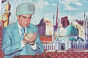 Propaganda poster of Turkmenbashi the former leader of Turkmenistan, Central Asia, Asia Propaganda poster of Turkmenbashi the former leader of Turkmenistan, Central Asia, Asia