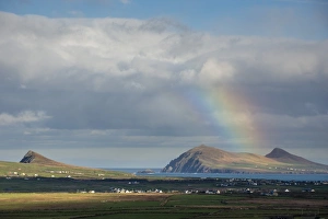 Prints of Rainbow over hills and dwellings, looking towards Clogher and Rosroe, Dingle Peninsula, County Kerry, Munster, Republic of Ireland, Europe County Tyrone Prints: Rainbow Print over Dingle Peninsula Hills