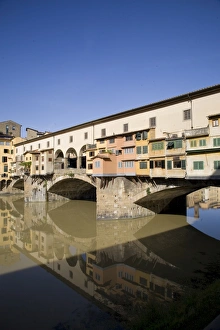 Tuscany Landmark Photography Prints: Reflection in the Arno River of the Ponte Vecchio, Florence, Tuscany, Italy, Europe