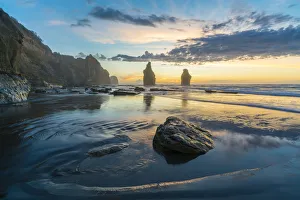 North Island Beaches NZ Prints: Reflection of the Three Sisters with low tide, at sunset, Tongaporutu, New Plymouth