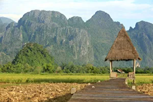 Rice Field Landscape Photography Prints: Rice fields with stunning mountain backdrop, Laos, Indochina, Southeast Asia, Asia