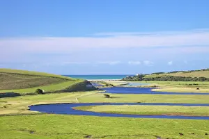 Prints of River Cuckmere meets the English Channel at Cuckmere Haven, East Sussex, South Downs National Park, England, United Kingdom, Europe River Prints: River Cuckmere Print: East Sussex Coastline, England