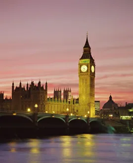 London Cityscape Photography Prints: The River Thames, Westminster Bridge, Big Ben and the Houses of Parliament in the evening
