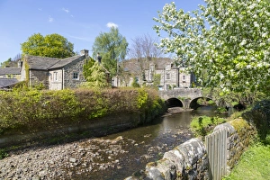 Arched Bridge Photography Prints: Riverside Cottages in Baslow in springtime, Derbyshire Dales, Derbyshire, England