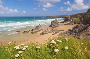 Rock stacks, beach and rugged coastline at Bedruthan Steps, North Cornwall Rock stacks, beach and rugged coastline at Bedruthan Steps, North Cornwall
