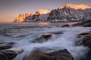 Norway Coastline Prints: Rough Seas at The Devils Jaw (Devils Teeth) at sunset