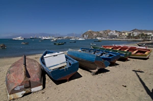Row boats at coast, San Vincente, Mindelo, Cape Verde Islands, Atlantic, Africa Row boats at coast, San Vincente, Mindelo, Cape Verde Islands, Atlantic, Africa