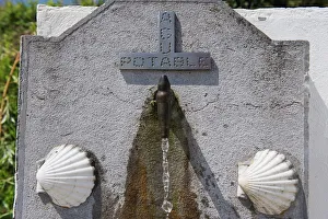 Scallop shells on a water fountain, on the Camino de Santiago, Spain, Europe Scallop shells on a water fountain, on the Camino de Santiago, Spain, Europe