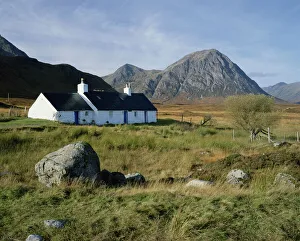 Scotland, Highlands, Glencoe, croft by mountains Scotland, Highlands, Glencoe, croft by mountains