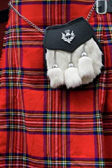 United Kingdom Travel Photography Prints: Scottish kilt and purse on display for sale, Edinburgh, Scotland, United Kingdom, Europe