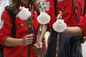 Scouts with Santiago pilgrimage scallop shells, Lourdes, Hautes Pyrenees, France, Europe Scouts with Santiago pilgrimage scallop shells, Lourdes, Hautes Pyrenees, France, Europe