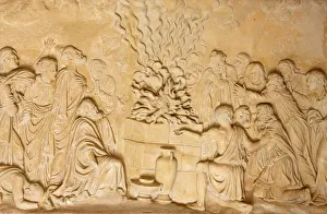 Sculpture depicting the priests of Baal at El Muhraqa, Israel, Middle East Sculpture depicting the priests of Baal at El Muhraqa, Israel, Middle East