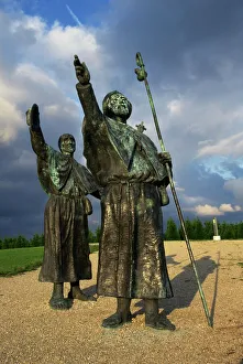 Sculpture of pilgrims hailing their goal at the end of the Camino, Monte del Gozo Sculpture of pilgrims hailing their goal at the end of the Camino, Monte del Gozo