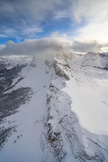 Dolomites Winter Landscape Prints: Seceda and Odle mountain range in winter, aerial view, Val Gardena, Dolomites