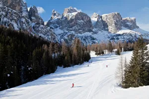 Sella Ronda ski area, Val Gardena, Sella Massif range of mountains under winter snow Sella Ronda ski area, Val Gardena, Sella Massif range of mountains under winter snow