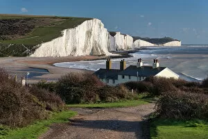 Images Dated 28th March 2023: The Seven Sisters white chalk cliffs from Cuckmere Haven, South Downs National Park, East Sussex