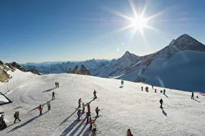 Skiers on Hintertux glacier, Mayrhofen ski resort, Zillertal Valley, Austrian Tyrol Skiers on Hintertux glacier, Mayrhofen ski resort, Zillertal Valley, Austrian Tyrol