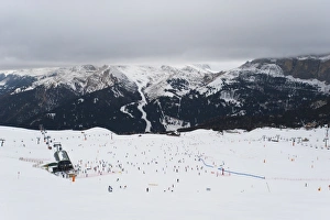 Skiers in the mountains, Dolomites, Italy, Europe Skiers in the mountains, Dolomites, Italy, Europe