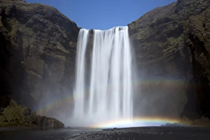 South Iceland Waterfalls Prints: Skogafoss waterfall with double rainbow, South Iceland, Iceland, Polar Regions