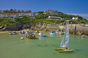 Small fishing boats and a catamaran at low tide, Newquay harbour, Newquay Small fishing boats and a catamaran at low tide, Newquay harbour, Newquay