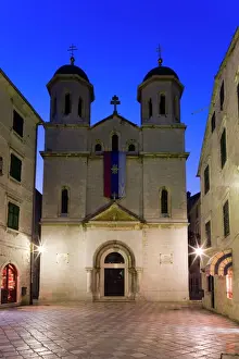 Prints of St. Nicholas Serbian Orthodox church illuminated at dusk, Old Town, UNESCO World Heritage Site, Kotor, Montenegro, Europe Montenegro Prints: Serbian Orthodox Church Print, Kotor, Montenegro
