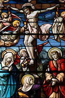 Stained glass of the Crucifixion, San Jeronimos church, Madrid, Spain, Europe Stained glass of the Crucifixion, San Jeronimos church, Madrid, Spain, Europe
