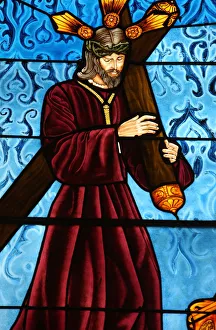 Stained glass of Jesus carrying his cross, San Jeronimos church, Madrid, Spain Stained glass of Jesus carrying his cross, San Jeronimos church, Madrid, Spain