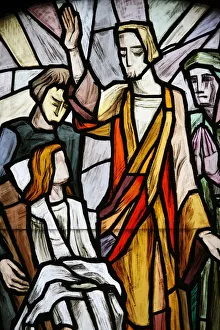 Stained glass of Nains widows son resurrected, Vienna, Austria, Europe Stained glass of Nains widows son resurrected, Vienna, Austria, Europe