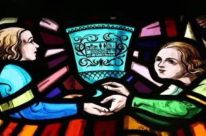 Stained glass window showing the Romance of St. Graal, Threhorenteuc, Morbihan, Brittany Stained glass window showing the Romance of St. Graal, Threhorenteuc, Morbihan, Brittany