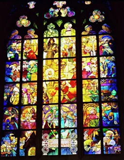 Stained glass windows, St. Vitus Cathedral, Prague, Czech Republic, Europe Stained glass windows, St. Vitus Cathedral, Prague, Czech Republic, Europe