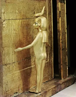 Statue of the goddess Serket protecting the canopic chest or shrine, from the tomb of the pharaoh Tutankhamun Statue of the goddess Serket protecting the canopic chest or shrine, from the tomb of the pharaoh Tutankhamun