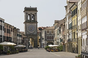 Street cafes and the Town Gate with ornamental clock tower, Este, Veneto, Italy, Europe Street cafes and the Town Gate with ornamental clock tower, Este, Veneto, Italy, Europe